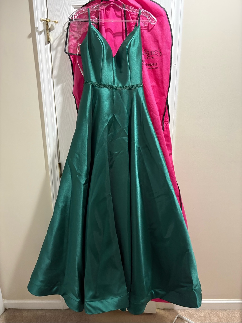 Emerald Green Satin Pageant Dress with Beaded Waist & Lace Back